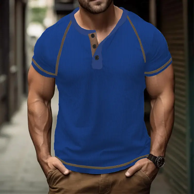 Men's Black Waffle Knit T-Shirt with Button Collar — feature 7