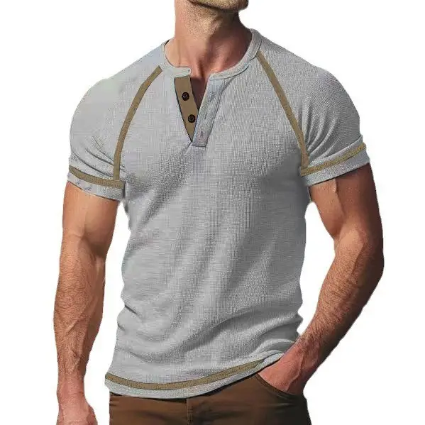 Men's Black Waffle Knit T-Shirt with Button Collar - Image 2
