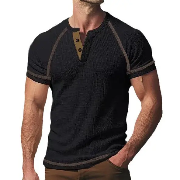 Men's Black Waffle Knit T-Shirt with Button Collar - Image 3