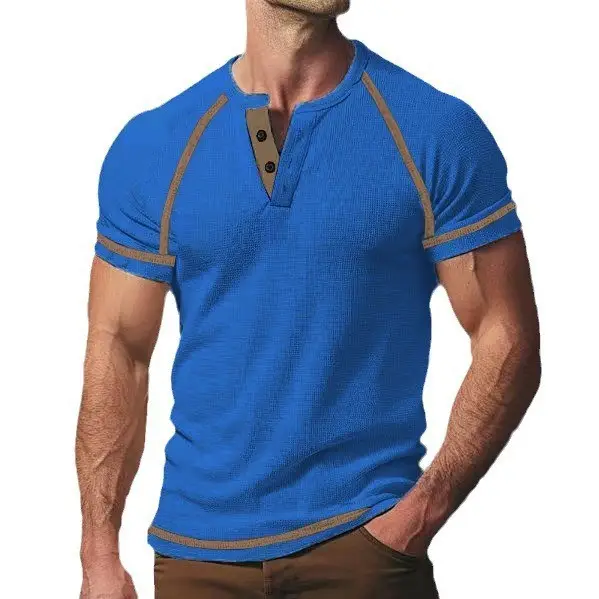Men's Black Waffle Knit T-Shirt with Button Collar - Image 4