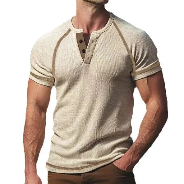 Men's Black Waffle Knit T-Shirt with Button Collar - Image 5