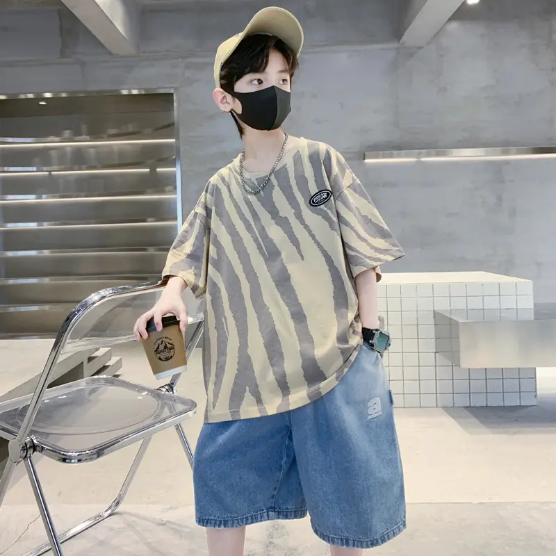 Boys Striped T-Shirt Blue Shorts Set - Image 2