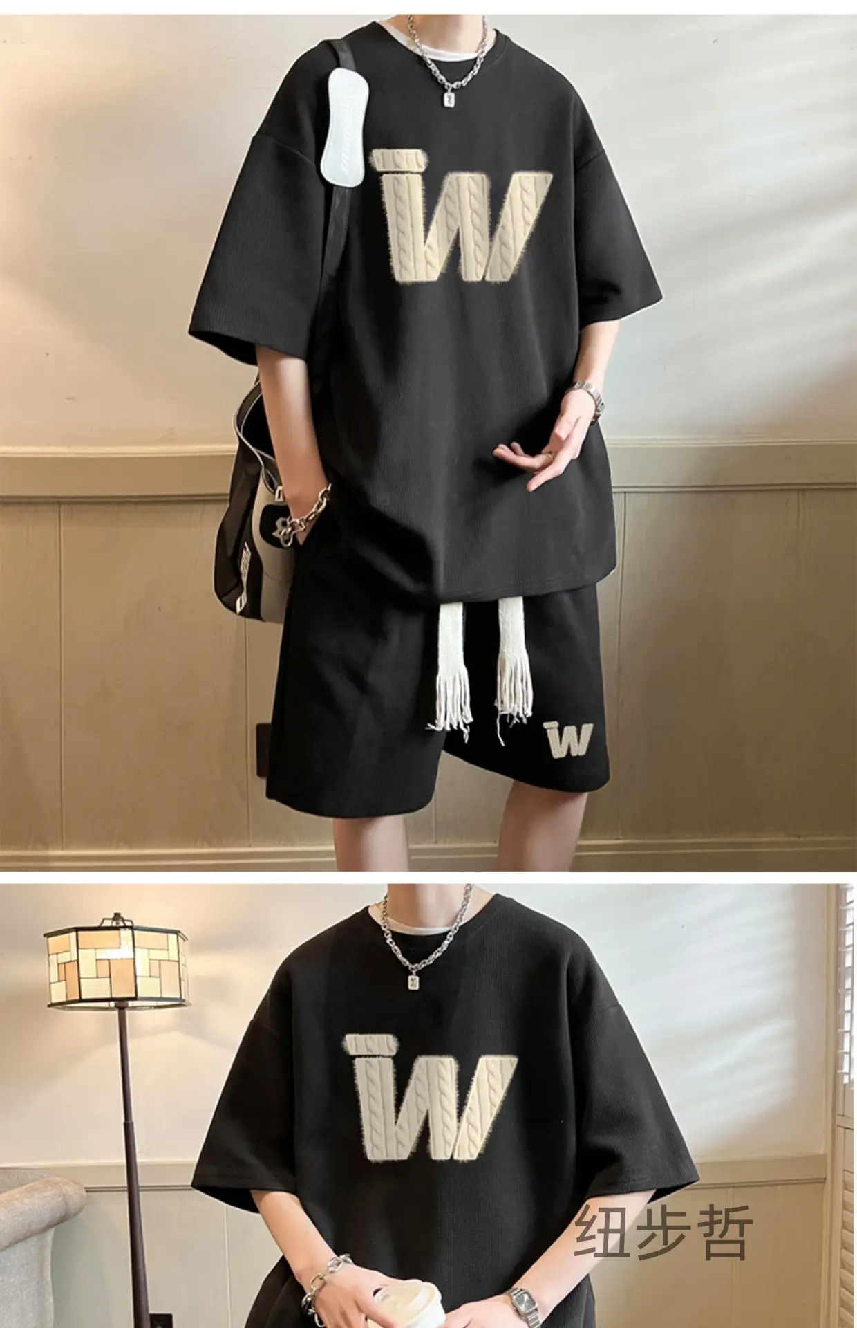Teenager Black Waffle Short Sleeve Suit 15yo Junior High — feature 15