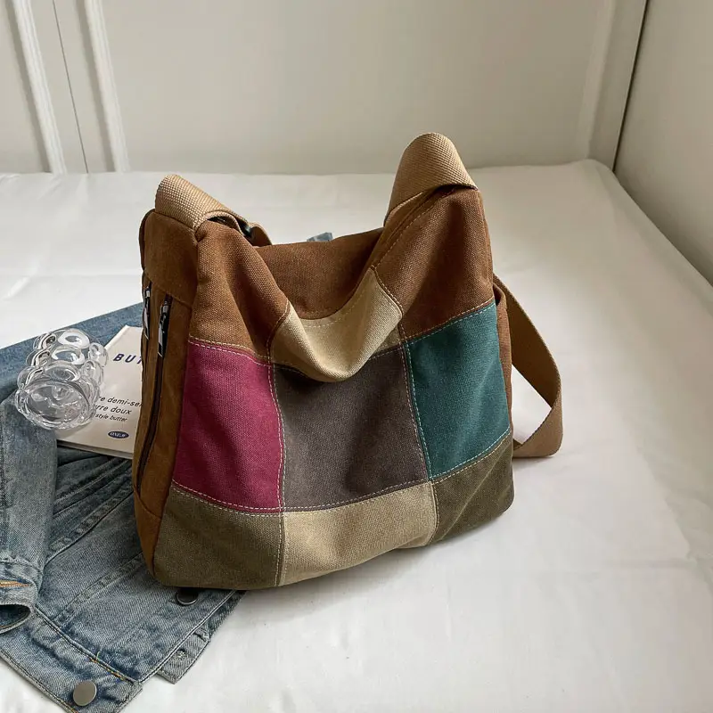 Multi Color Canvas Shoulder Bag for Women Large Capacity