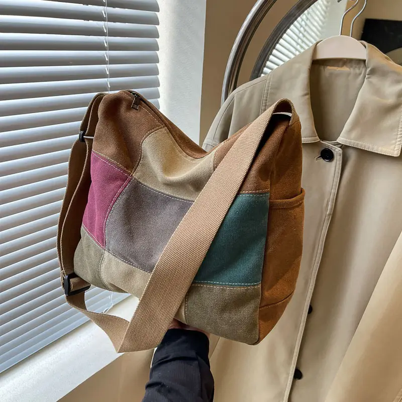 Multi Color Canvas Shoulder Bag for Women Large Capacity