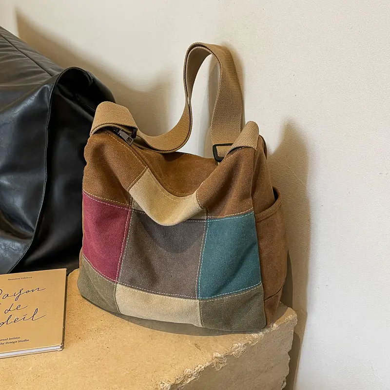 Multi Color Canvas Shoulder Bag for Women Large Capacity