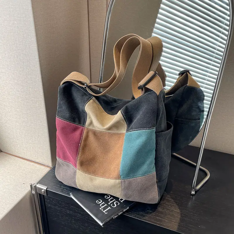 Multi Color Canvas Shoulder Bag for Women Large Capacity