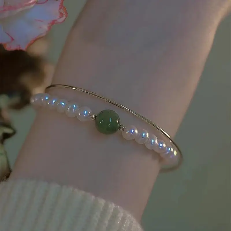 Women's Gold Pearl Green Stone Bracelet