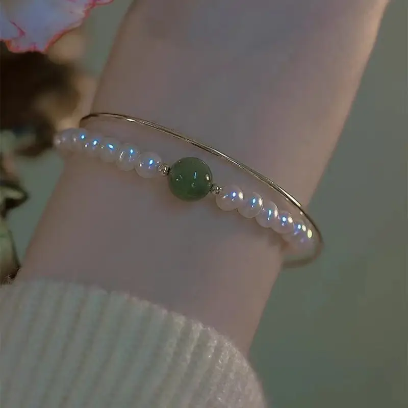 Women's Gold Pearl Green Stone Bracelet