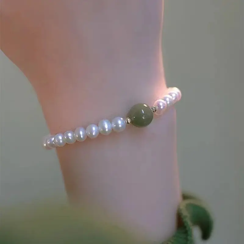 Women's Gold Pearl Green Stone Bracelet