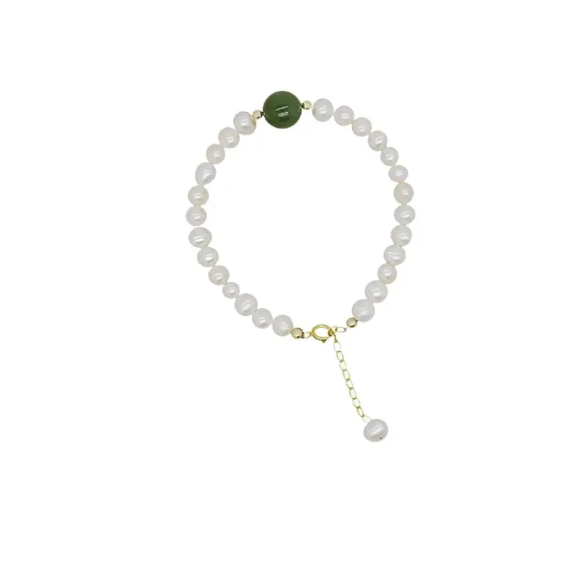 Women's Gold Pearl Green Stone Bracelet