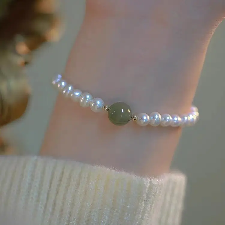 Women's Gold Pearl Green Stone Bracelet — feature 3