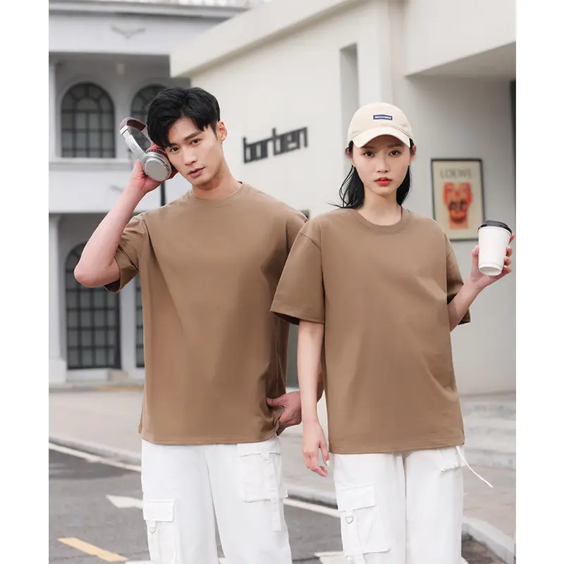 Men's Brown Cotton Crewneck T-Shirt Loose Jacket Set