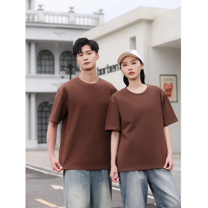 Men's Brown Cotton Crewneck T-Shirt Loose Jacket Set