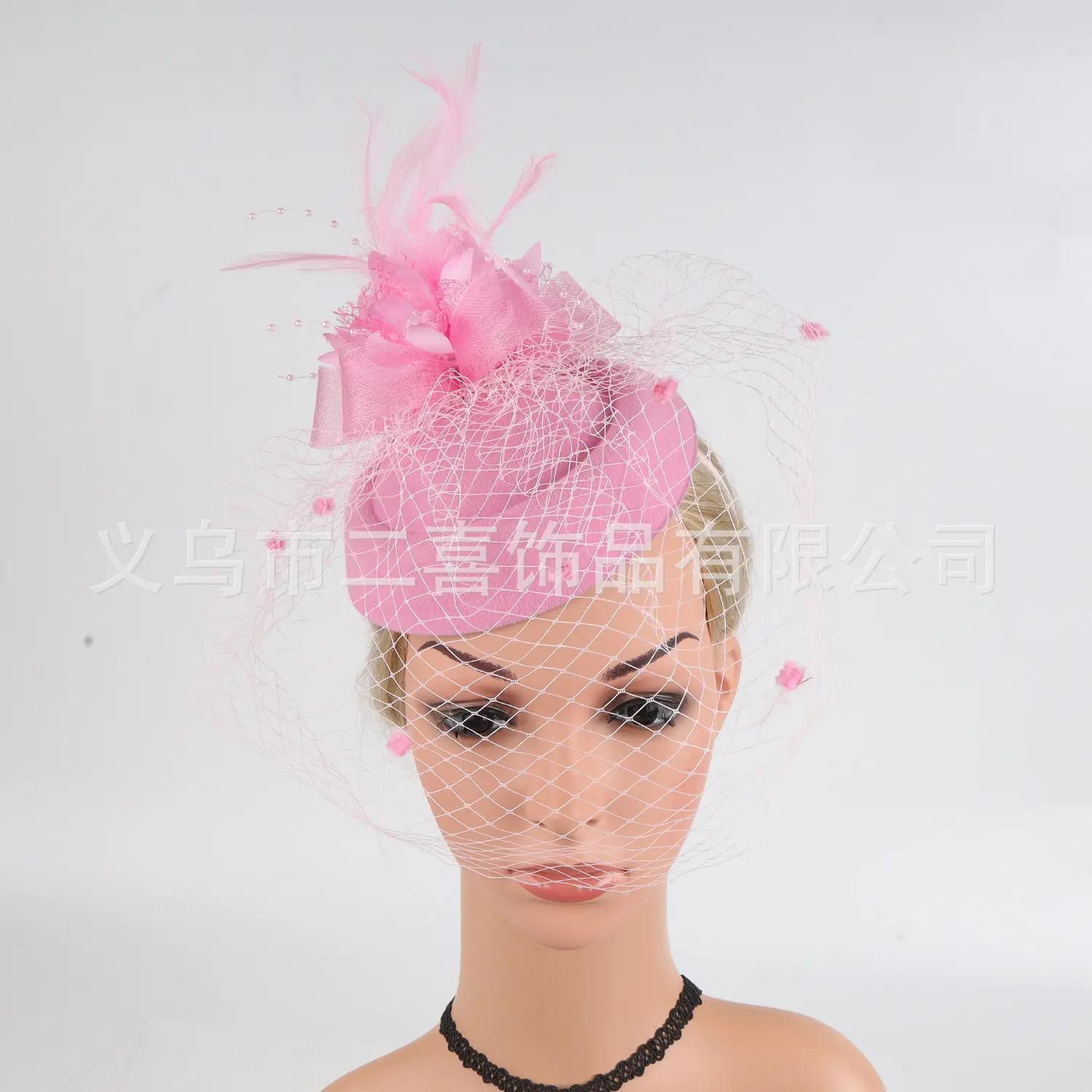 Pink Vintage Gauze Fascinator with Flower & Net - Image 3
