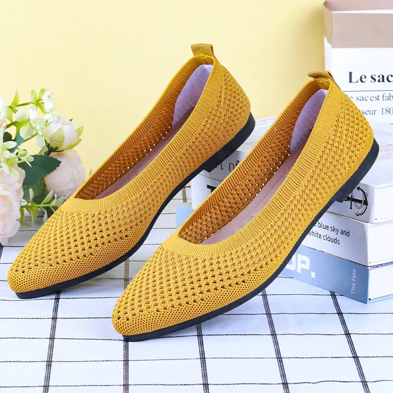 Shoes for Women Spring and Summer New Solid Color Pointed Toe Flat Heel Soft Sole Shoes Casual Breathable Women's Hollow Knitted Shoes — feature 9