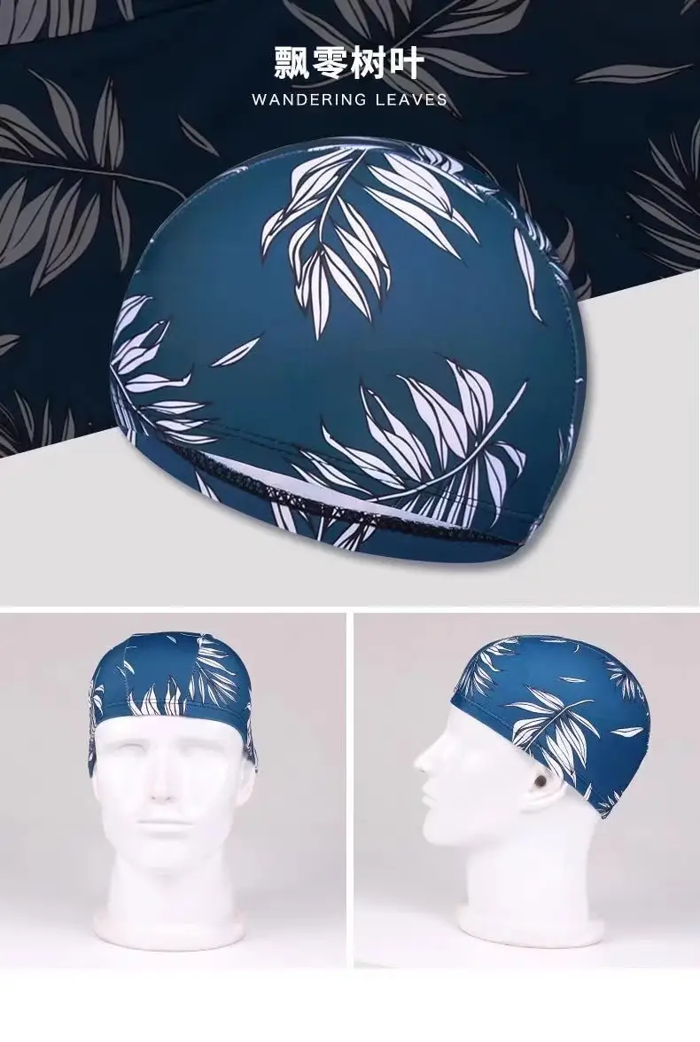Factory direct swimming cap new flower cloth cap spot wholesale quick-drying fashion pattern knitted cloth swimming cap swimming cap — feature 1