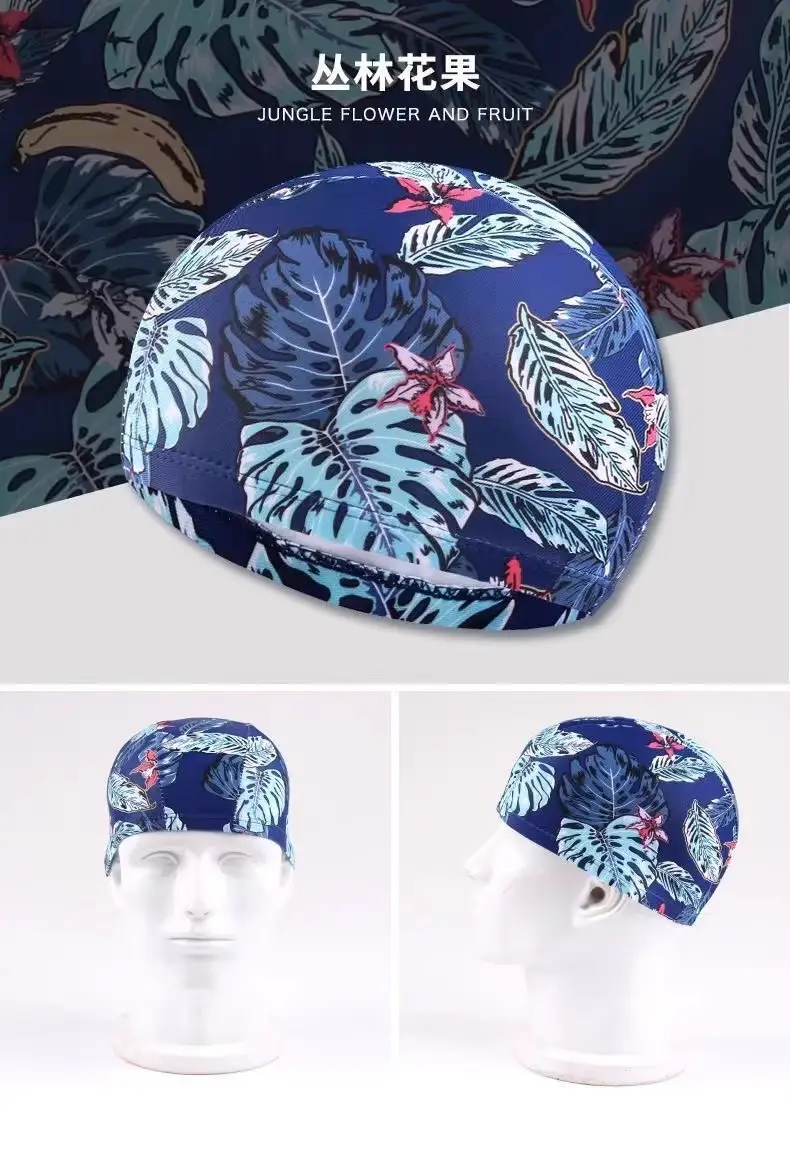 Factory direct swimming cap new flower cloth cap spot wholesale quick-drying fashion pattern knitted cloth swimming cap swimming cap — feature 6