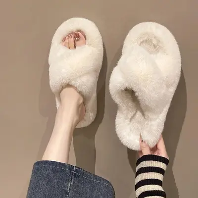 Trendy Furry Slippers for Women, New Autumn and Winter Fashion, Thick-Soled, Fleece-Lined Maternity Shoes, Height-Increasing Cotton Slippers