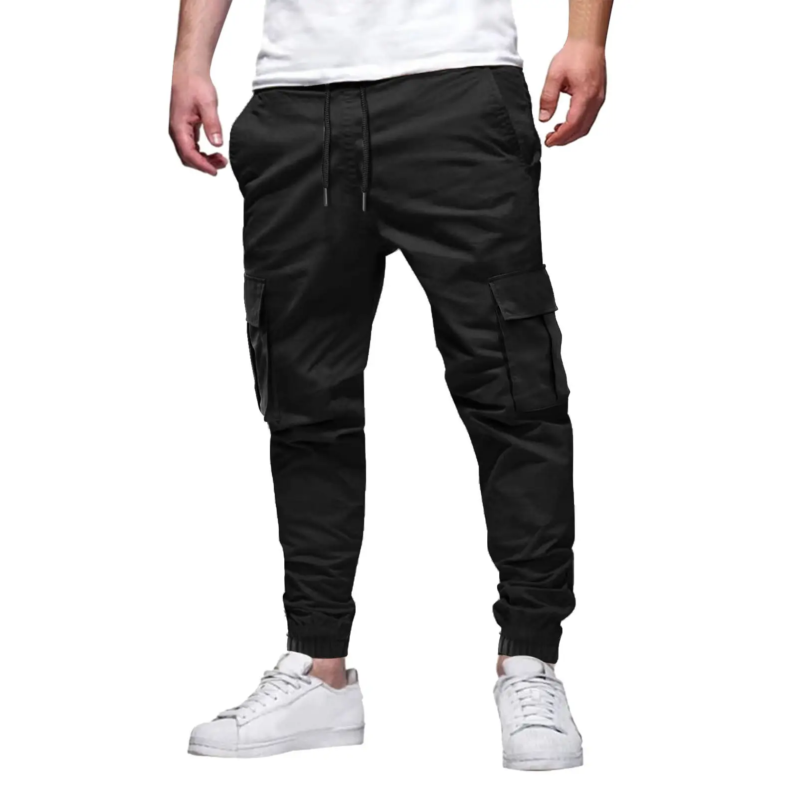 European & American Men's Black Drawstring Joggers with Multi-Pockets — feature 10