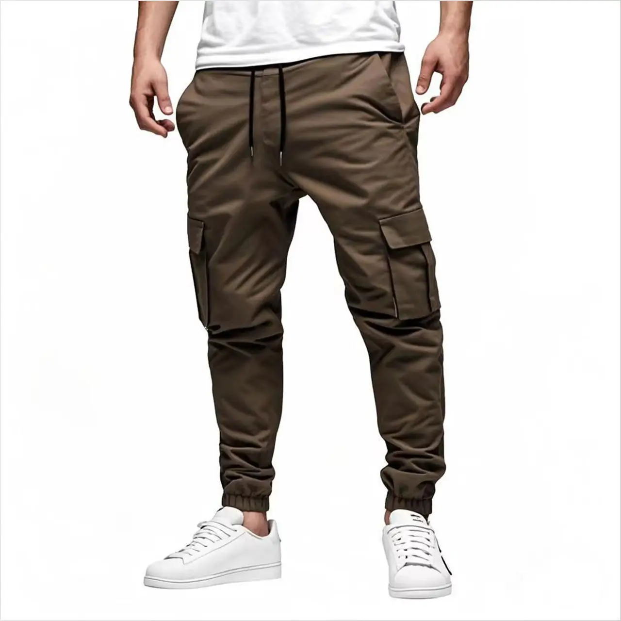 European & American Men's Black Drawstring Joggers with Multi-Pockets — feature 15