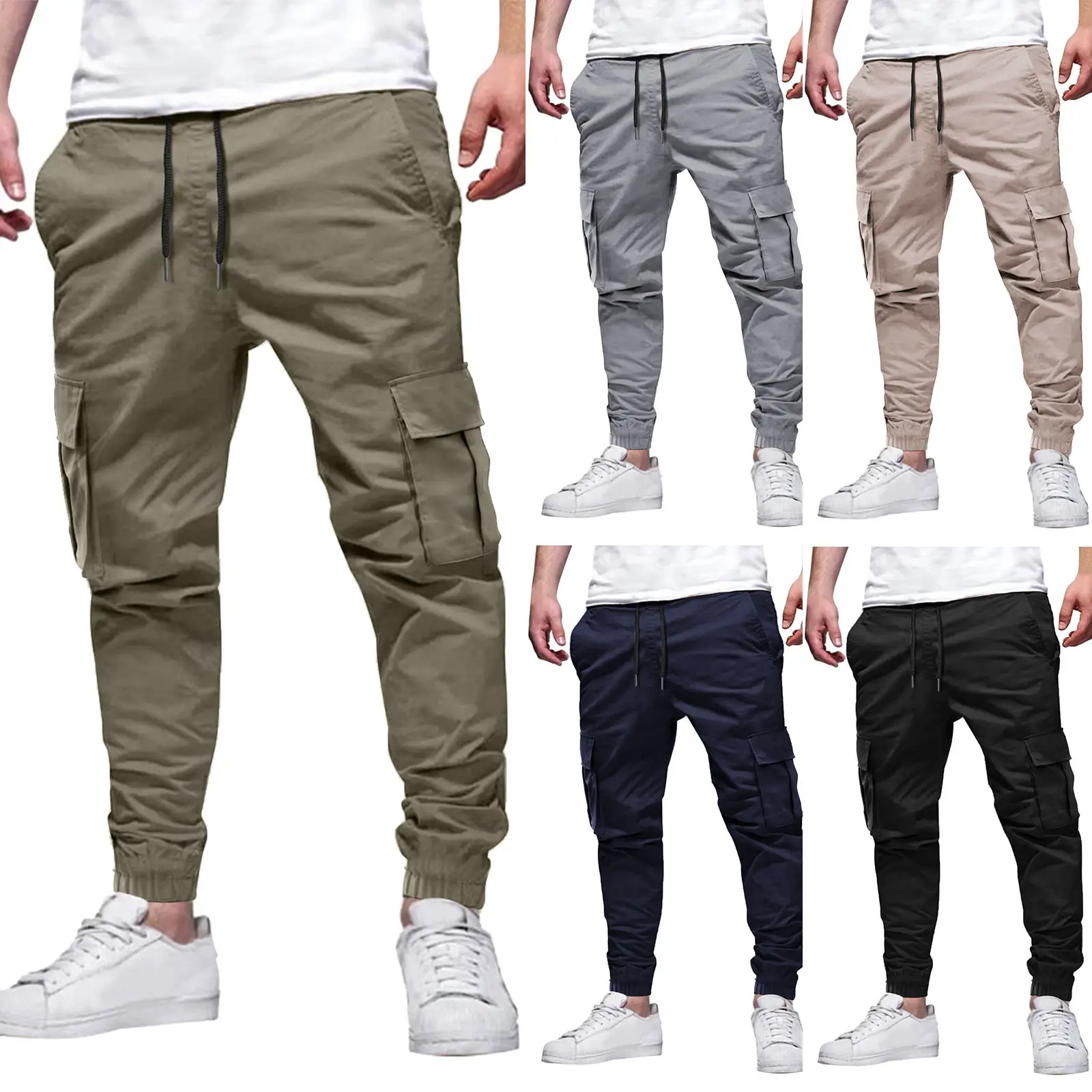European & American Men's Black Drawstring Joggers with Multi-Pockets — feature 2