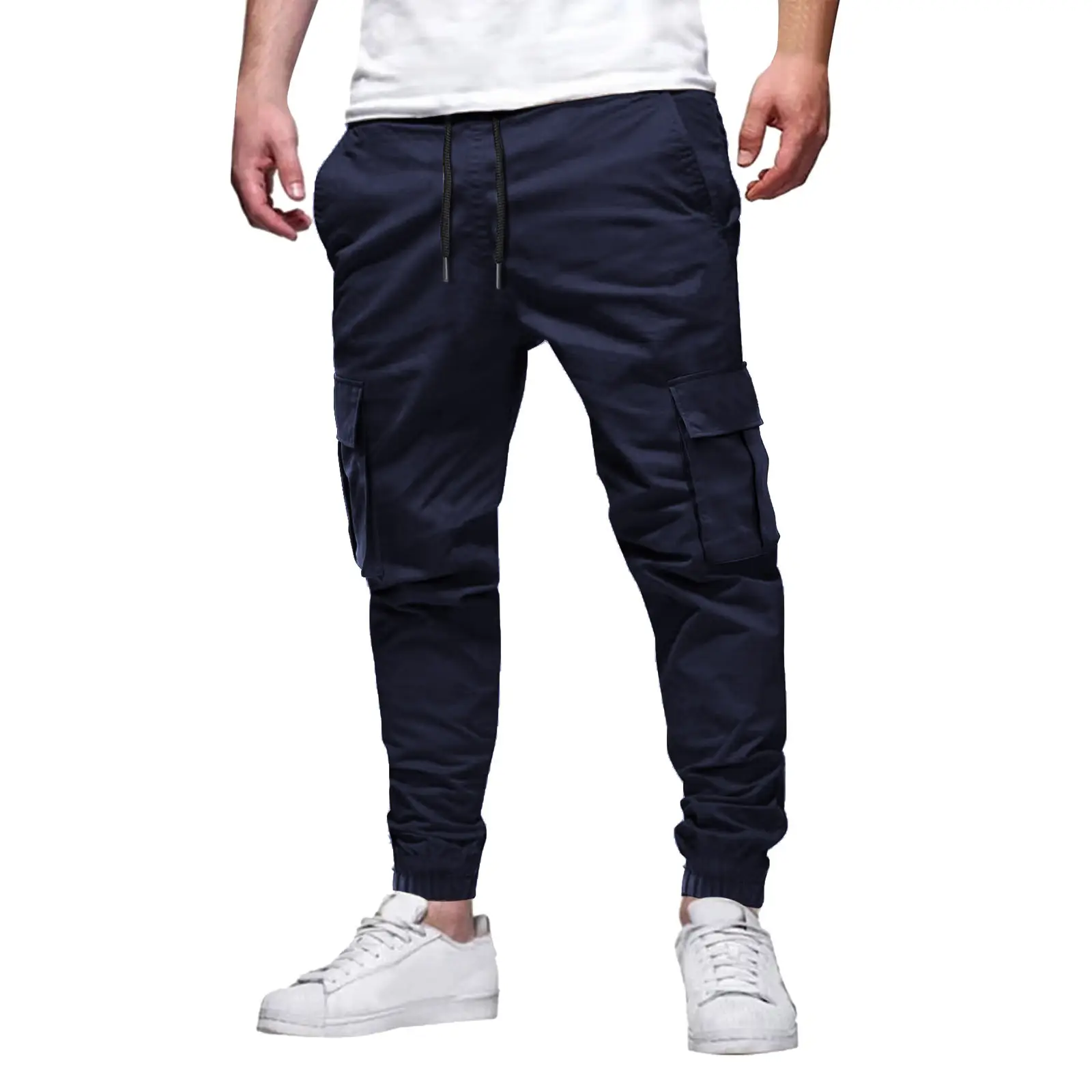 European & American Men's Black Drawstring Joggers with Multi-Pockets — feature 8
