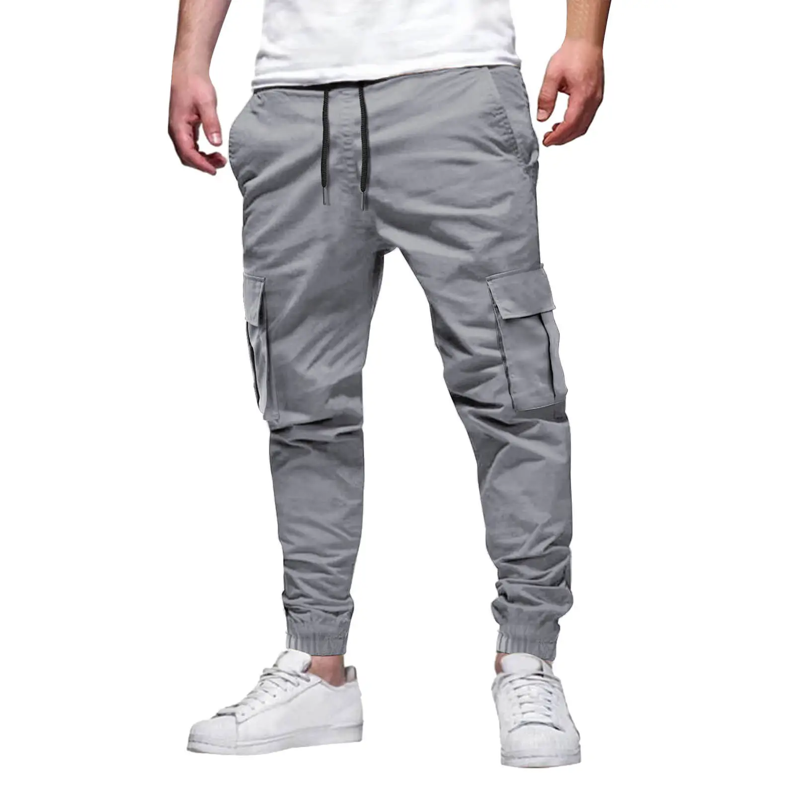 European & American Men's Black Drawstring Joggers with Multi-Pockets - Image 4