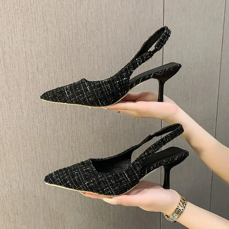 French Style Blue Chiffon High Heel Pointed Toe Sandals Women - Image 6