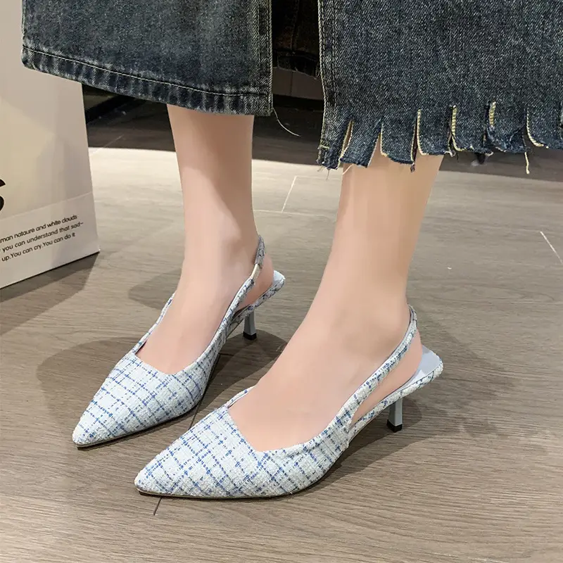 French Style Blue Chiffon High Heel Pointed Toe Sandals Women - Image 8