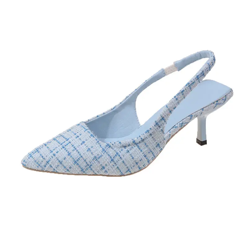 French Style Blue Chiffon High Heel Pointed Toe Sandals Women - Image 3