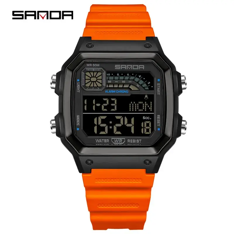 Sanda Digital Watch Orange Strap Waterproof Men Women - Image 8