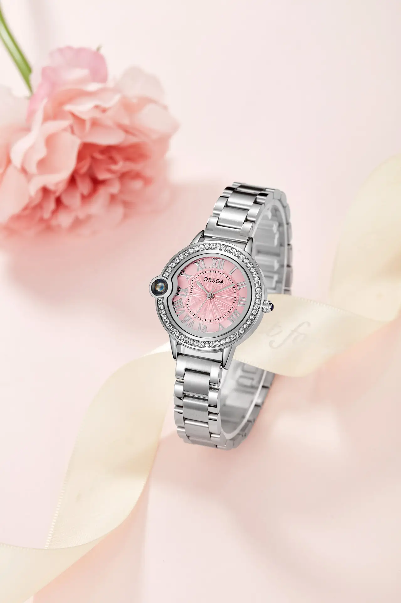 Women's Roman Dial Watch with Diamond Bezel Black Strap — feature 3