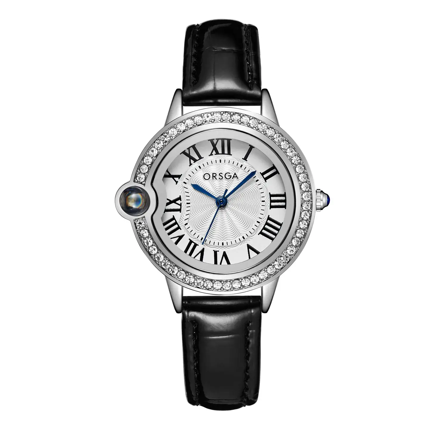 Women's Roman Dial Watch with Diamond Bezel Black Strap - Image 3