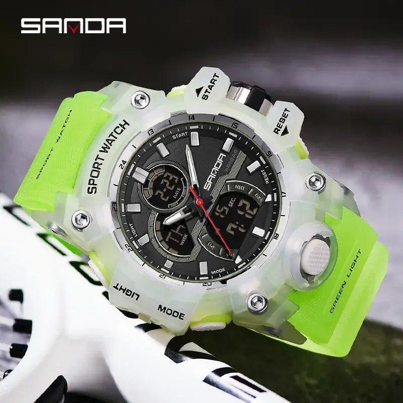 Sanda Waterproof Multifunctional Digital Watch Green Strap - Image 13