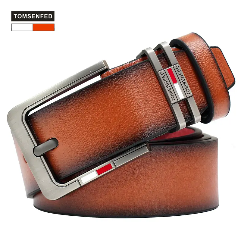 Men's Brown Leather Belt with Silver Buckle & Red Detail - Image 15