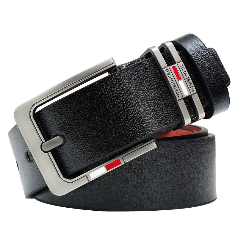 Men's Brown Leather Belt with Silver Buckle & Red Detail — feature 10