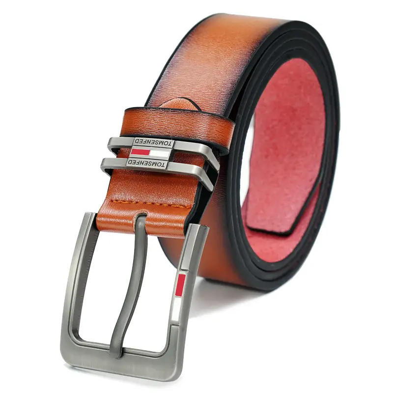 Men's Brown Leather Belt with Silver Buckle & Red Detail — feature 11