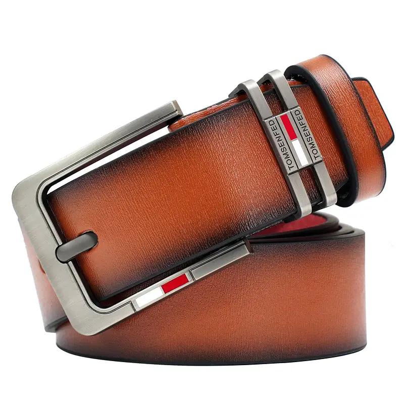 Men's Brown Leather Belt with Silver Buckle & Red Detail — feature 12