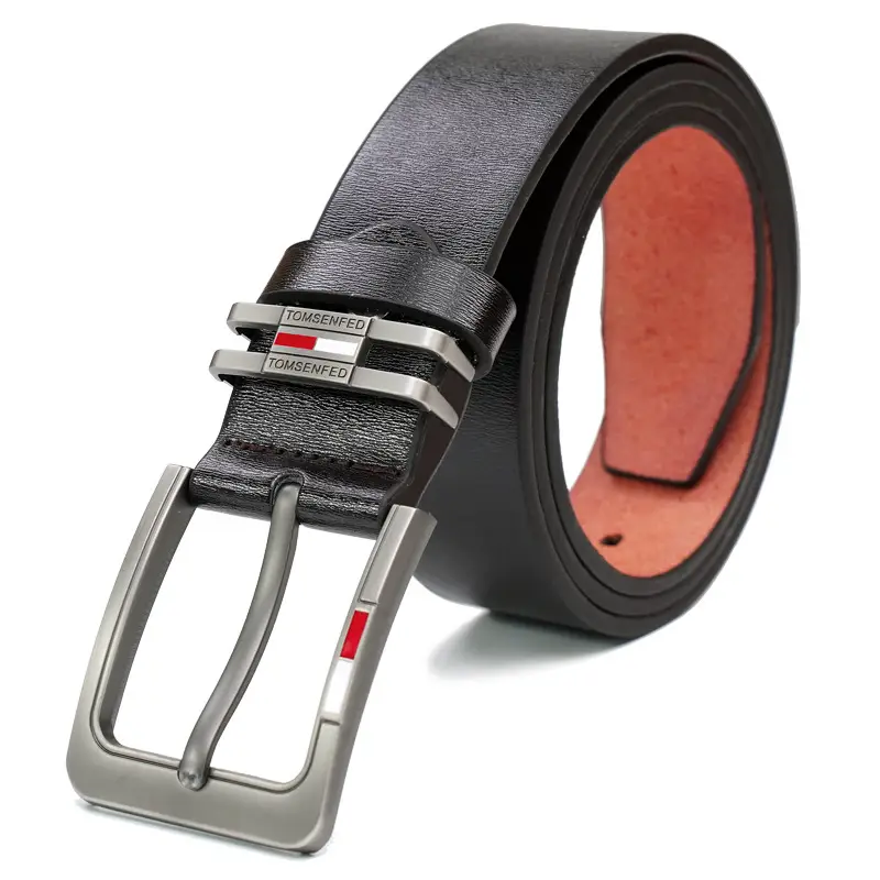 Men's Brown Leather Belt with Silver Buckle & Red Detail — feature 13
