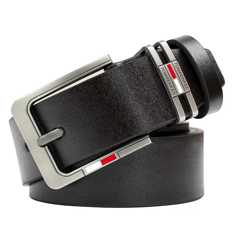 Men's Brown Leather Belt with Silver Buckle & Red Detail — feature 14