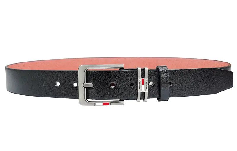 Men's Brown Leather Belt with Silver Buckle & Red Detail — feature 4