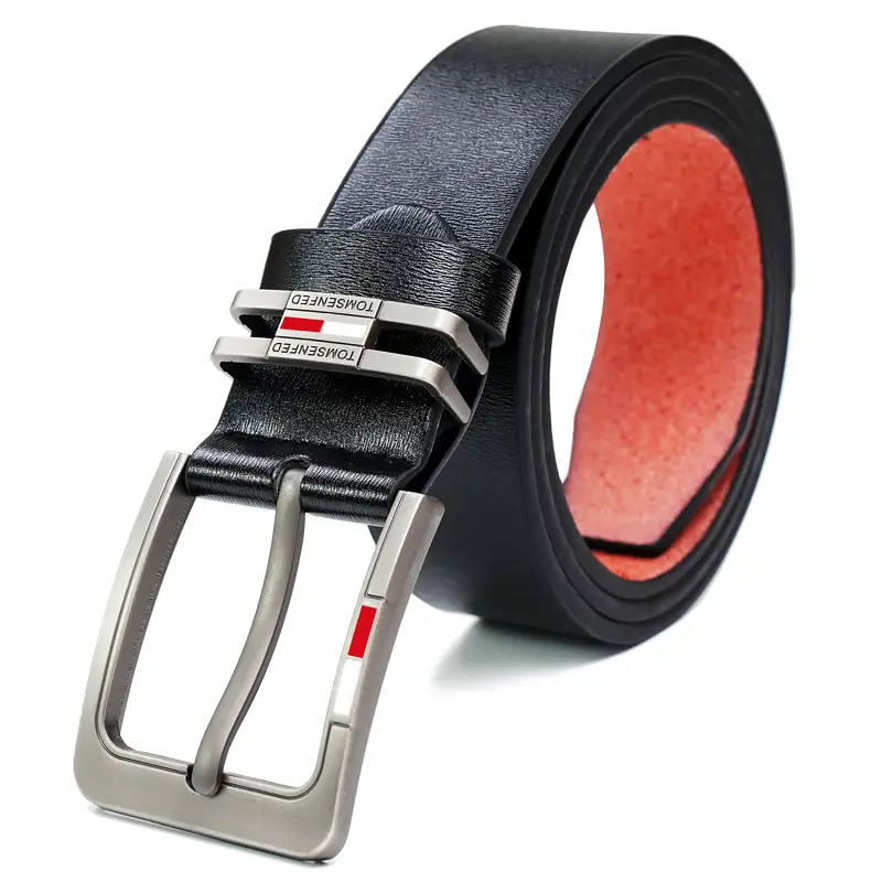Men's Brown Leather Belt with Silver Buckle & Red Detail — feature 9
