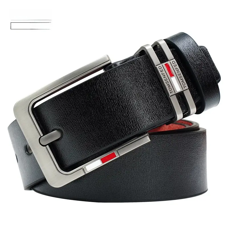 Men's Brown Leather Belt with Silver Buckle & Red Detail - Image 4