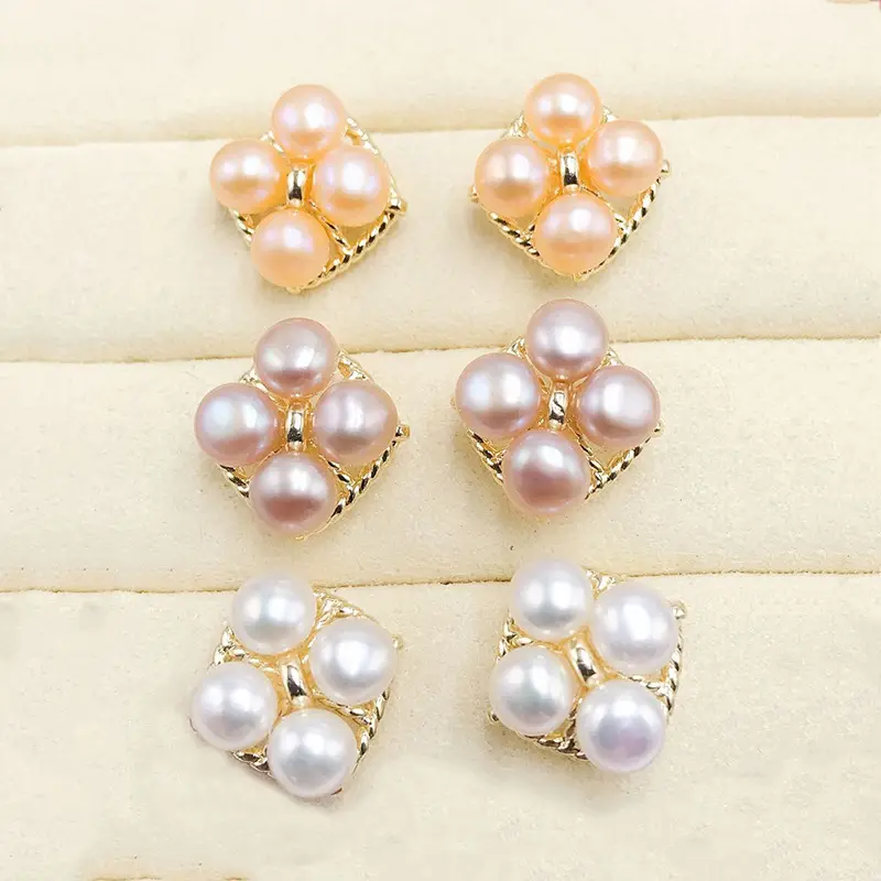 Natural Pearl Square Earrings Gold Plated Multi Bead Classic Elegant - Image 6