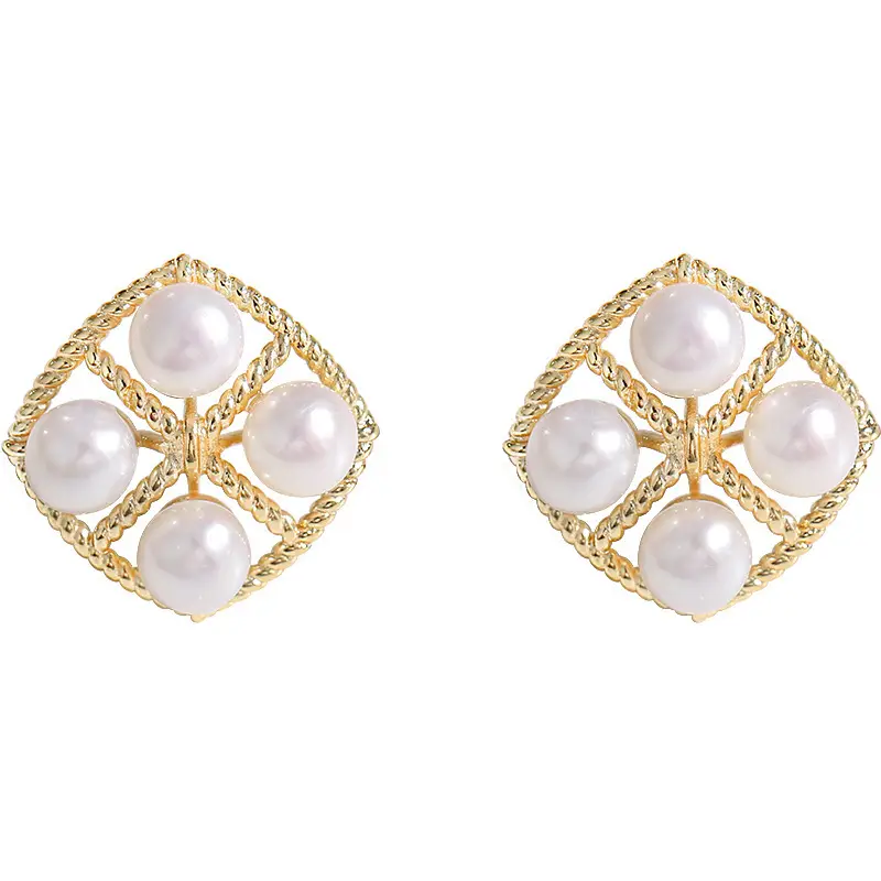 Natural Pearl Square Earrings Gold Plated Multi Bead Classic Elegant - Image 8
