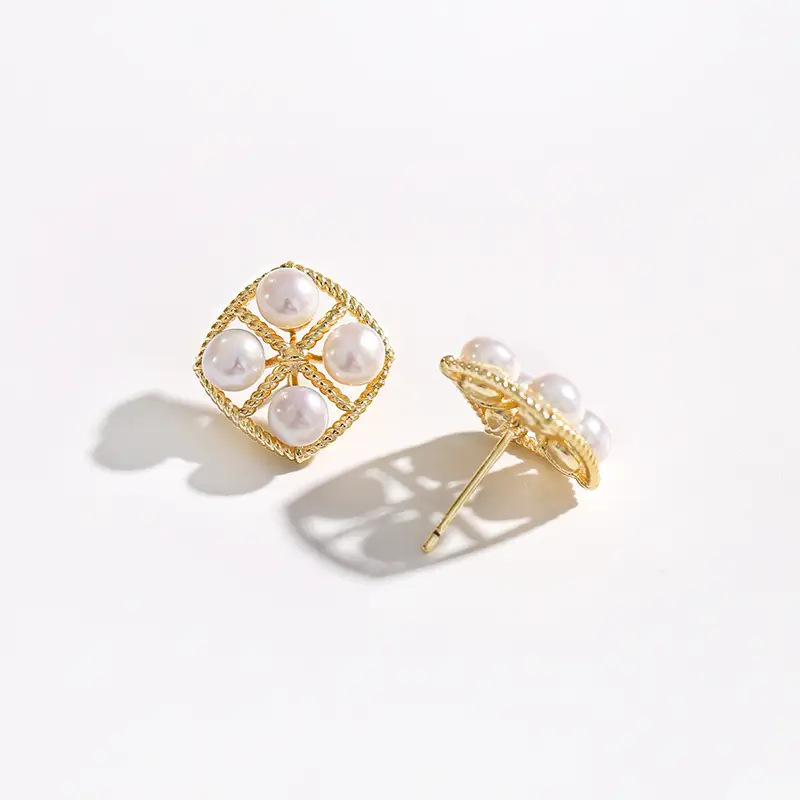 Natural Pearl Square Earrings Gold Plated Multi Bead Classic Elegant — feature 6