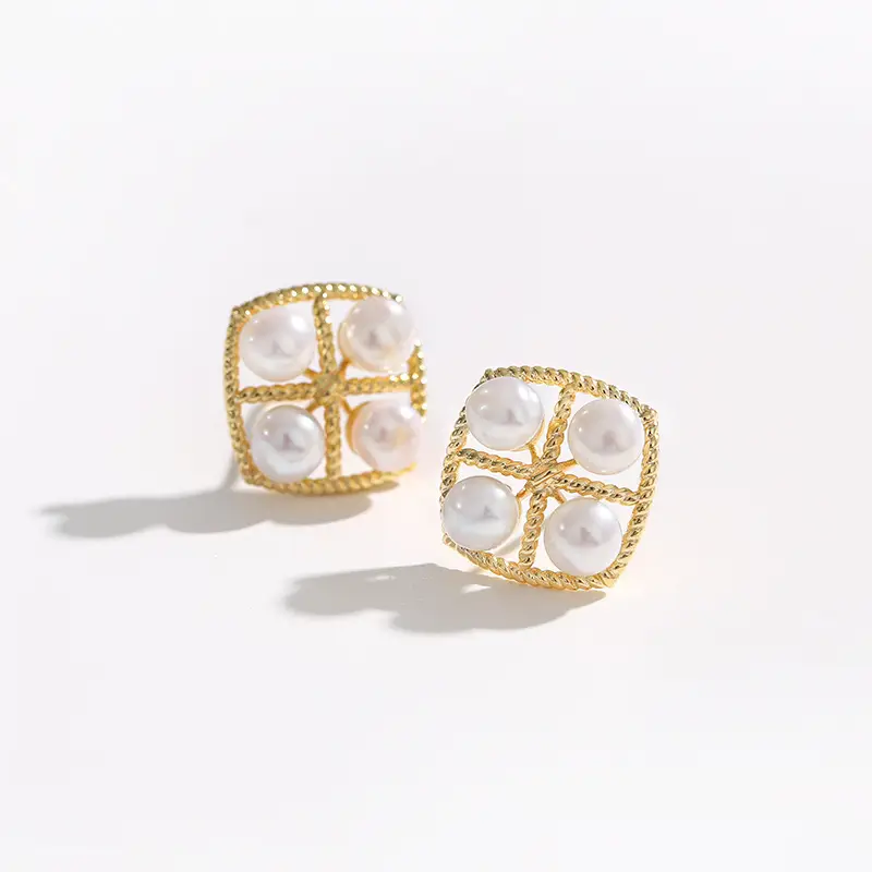 Natural Pearl Square Earrings Gold Plated Multi Bead Classic Elegant — feature 7