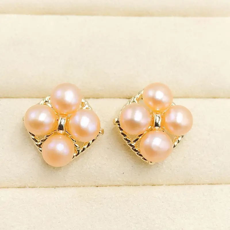Natural Pearl Square Earrings Gold Plated Multi Bead Classic Elegant - Image 2