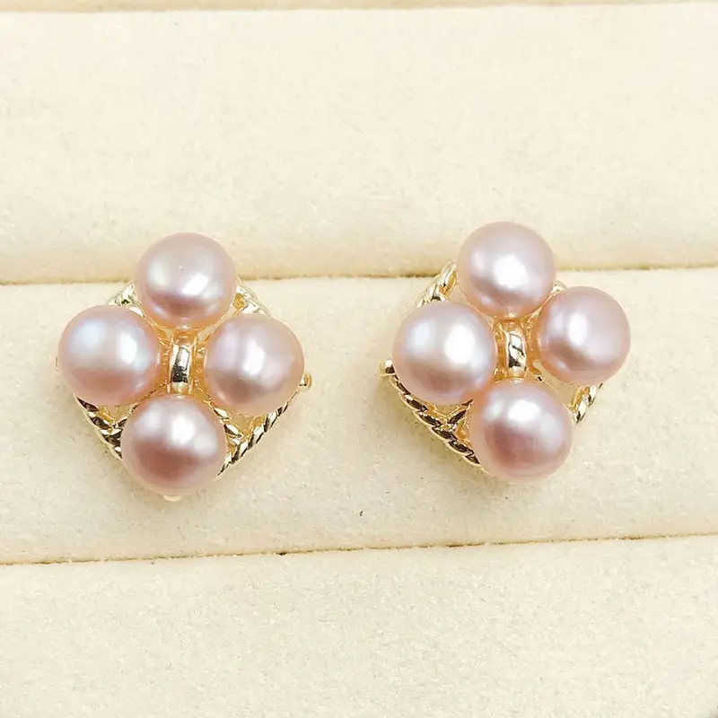Natural Pearl Square Earrings Gold Plated Multi Bead Classic Elegant - Image 3